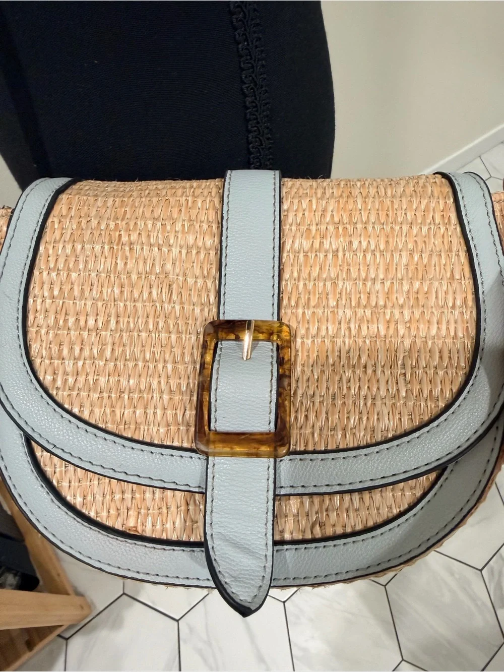 Woven Straw Crossbody Bag with Light blue Trim - Picture 5 of 8